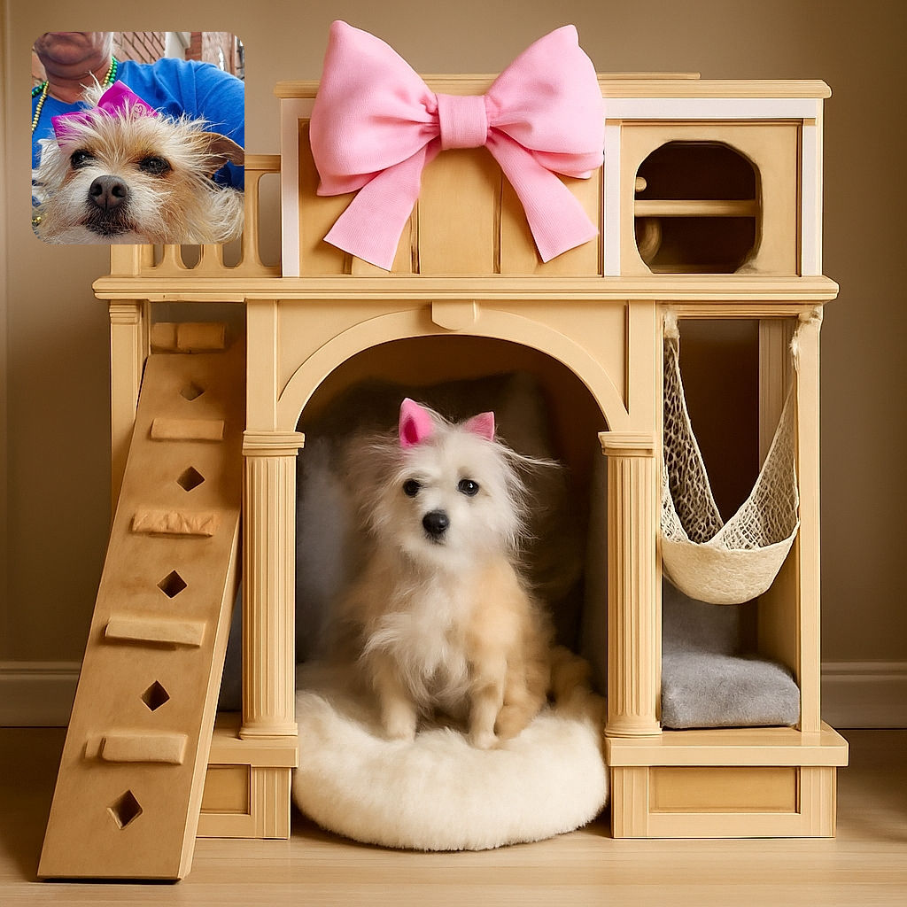 A scruffy little dog with a pink bow on its head takes center stage in this close-up selfie, while a person in a blue shirt and colorful beads looks on from behind with a serious expression, all set against a brick wall background.