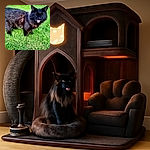 A fluffy black cat stands on lush green grass with its mouth open, possibly meowing or caught mid-yawn, but the photo is slightly out of focus, giving it a dreamy, soft effect.