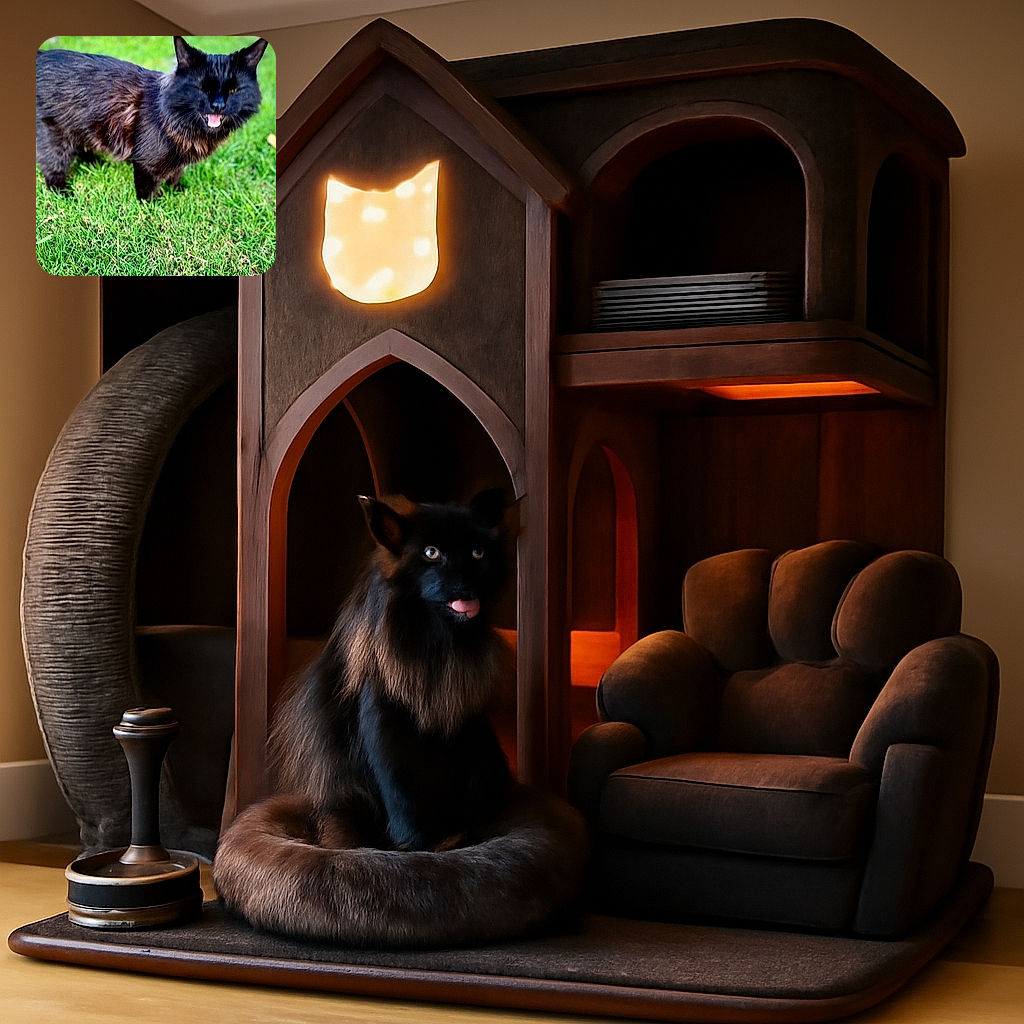 A fluffy black cat stands on lush green grass with its mouth open, possibly meowing or caught mid-yawn, but the photo is slightly out of focus, giving it a dreamy, soft effect.