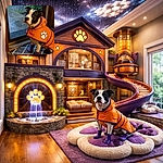 A dignified black-and-white dog in an orange paw-print raincoat and purple boots gives the camera a look that says, "I tolerated this outfit for you—now open the door." Rain streaks the window behind him, a doormat and rug anchor the scene, and the whole photo radiates cozy, slightly judgmental pet energy.