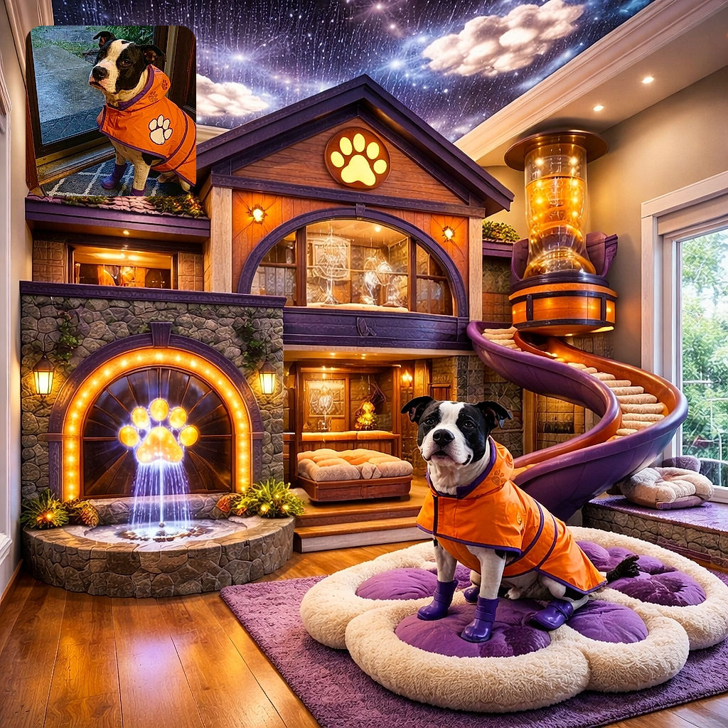 A dignified black-and-white dog in an orange paw-print raincoat and purple boots gives the camera a look that says, "I tolerated this outfit for you—now open the door." Rain streaks the window behind him, a doormat and rug anchor the scene, and the whole photo radiates cozy, slightly judgmental pet energy.