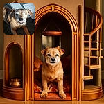 A charming one-eyed dog lounges on a dark fluffy carpet, flashing a quirky toothy grin as sunlight highlights its scruffy fur. Behind, some flat-pack furniture parts and an instruction sheet hint at a DIY project interrupted by this adorable canine supervisor.