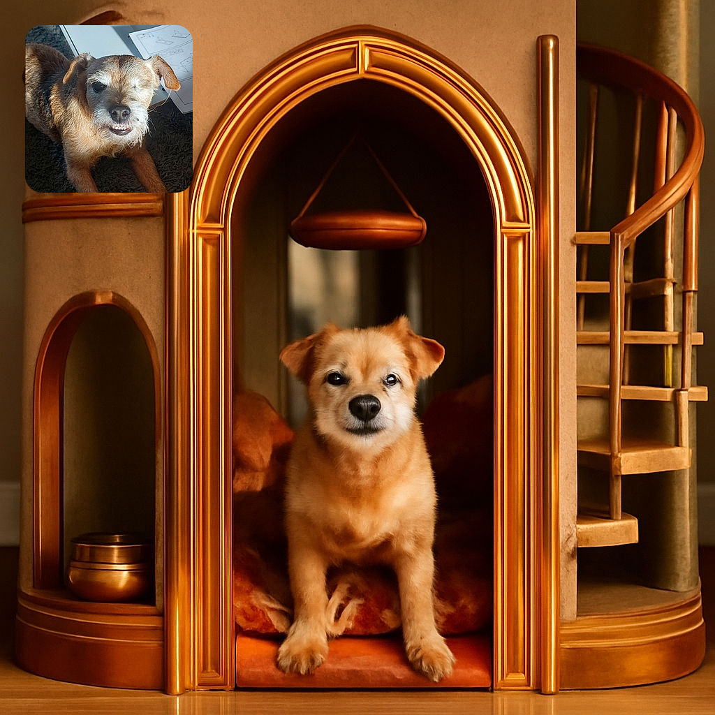 A charming one-eyed dog lounges on a dark fluffy carpet, flashing a quirky toothy grin as sunlight highlights its scruffy fur. Behind, some flat-pack furniture parts and an instruction sheet hint at a DIY project interrupted by this adorable canine supervisor.