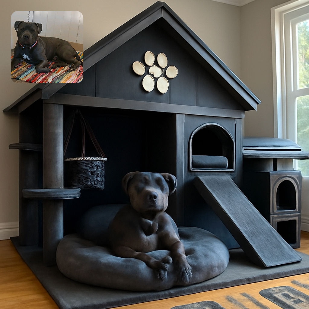 A relaxed dog with a shiny dark coat lounges comfortably on a colorful woven rug in a cozy indoor corner, looking slightly sleepy but content.