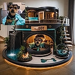 A serious little dog sits proudly on a turquoise blanket, wearing a festive green collar and looking like it has been promoted to chief holiday inspector. A decorated Christmas tree, couch, framed art, and cozy living-room clutter complete the scene.