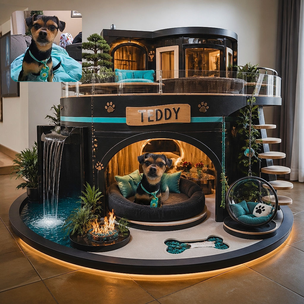 A serious little dog sits proudly on a turquoise blanket, wearing a festive green collar and looking like it has been promoted to chief holiday inspector. A decorated Christmas tree, couch, framed art, and cozy living-room clutter complete the scene.