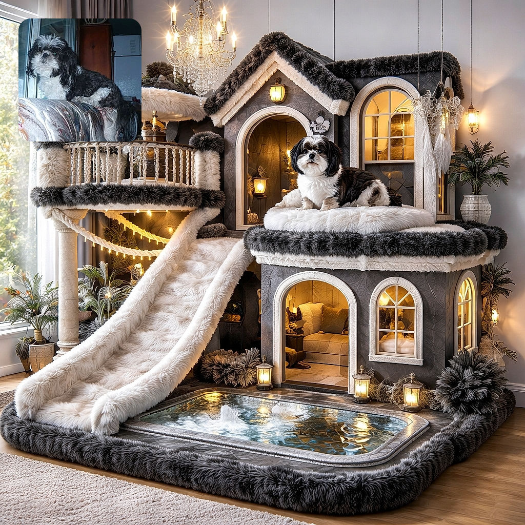 A fluffy black and white dog perched on the back of a floral-patterned couch, looking curiously out of a nearby window. The background shows a wooden cabinet and a white refrigerator, giving a cozy indoor home vibe.