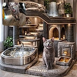 A curious gray cat with bright yellow eyes and an open mouth stands on a wooden floor near a person's feet clad in socks and dark pants. The cat seems to be meowing or mid-meow, looking directly at the camera with a mix of surprise and intrigue. The setting is indoors with natural light casting shadows on the floor and some household items partially visible around.