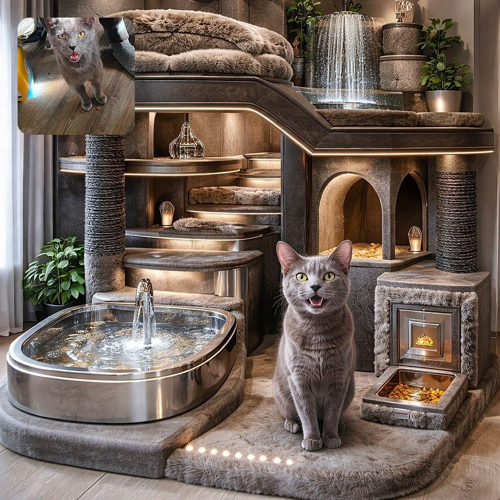 A curious gray cat with bright yellow eyes and an open mouth stands on a wooden floor near a person's feet clad in socks and dark pants. The cat seems to be meowing or mid-meow, looking directly at the camera with a mix of surprise and intrigue. The setting is indoors with natural light casting shadows on the floor and some household items partially visible around.