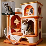 A curious calico cat with big round eyes sits attentively on a dark surface against a plain white paneled wall, looking like it's ready to pounce on invisible prey or demand some treats.