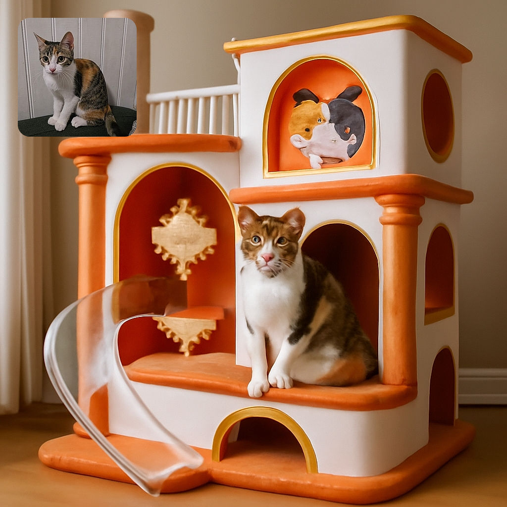 A curious calico cat with big round eyes sits attentively on a dark surface against a plain white paneled wall, looking like it's ready to pounce on invisible prey or demand some treats.