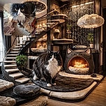 A fluffy black and white cat with striking yellow eyes stares curiously at the camera while standing on a carpeted floor surrounded by scattered household items and a cardboard box.