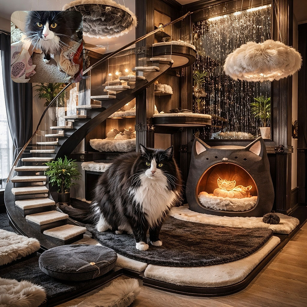 A fluffy black and white cat with striking yellow eyes stares curiously at the camera while standing on a carpeted floor surrounded by scattered household items and a cardboard box.