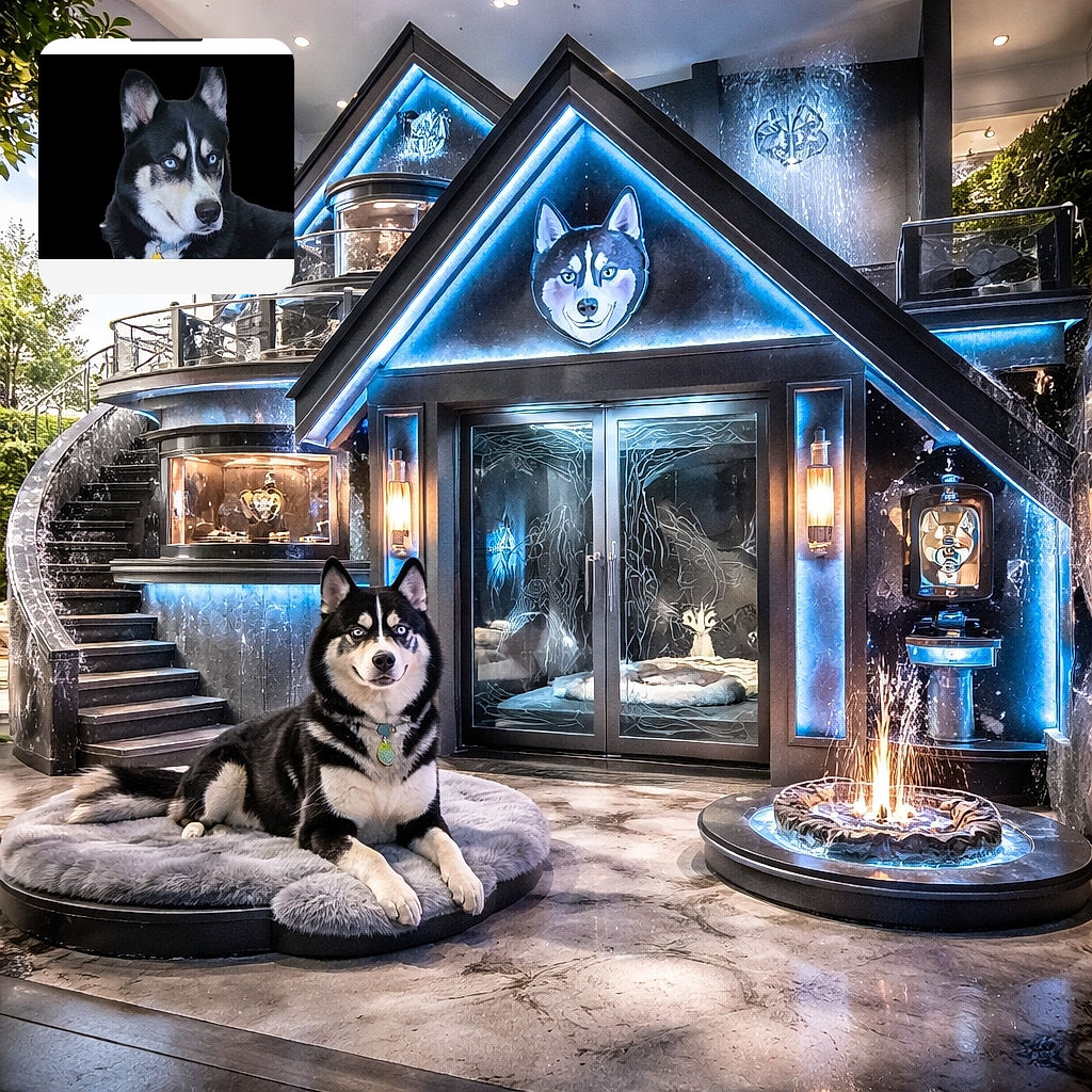 A striking photo of a black and white husky with piercing blue eyes set against a black background, surrounded by text and voting buttons from a pet contest webpage.