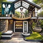 A cheerful black-and-white dog stands in the back of a car like it's the designated co-pilot: tongue slightly out, harness on, ears perked, and eyes scanning the horizon through the window while a human with long hair sits partially in frame. The interior upholstery and headrests frame the pooch, giving serious road-trip vibes and approximately zero concern about backseat snacks.