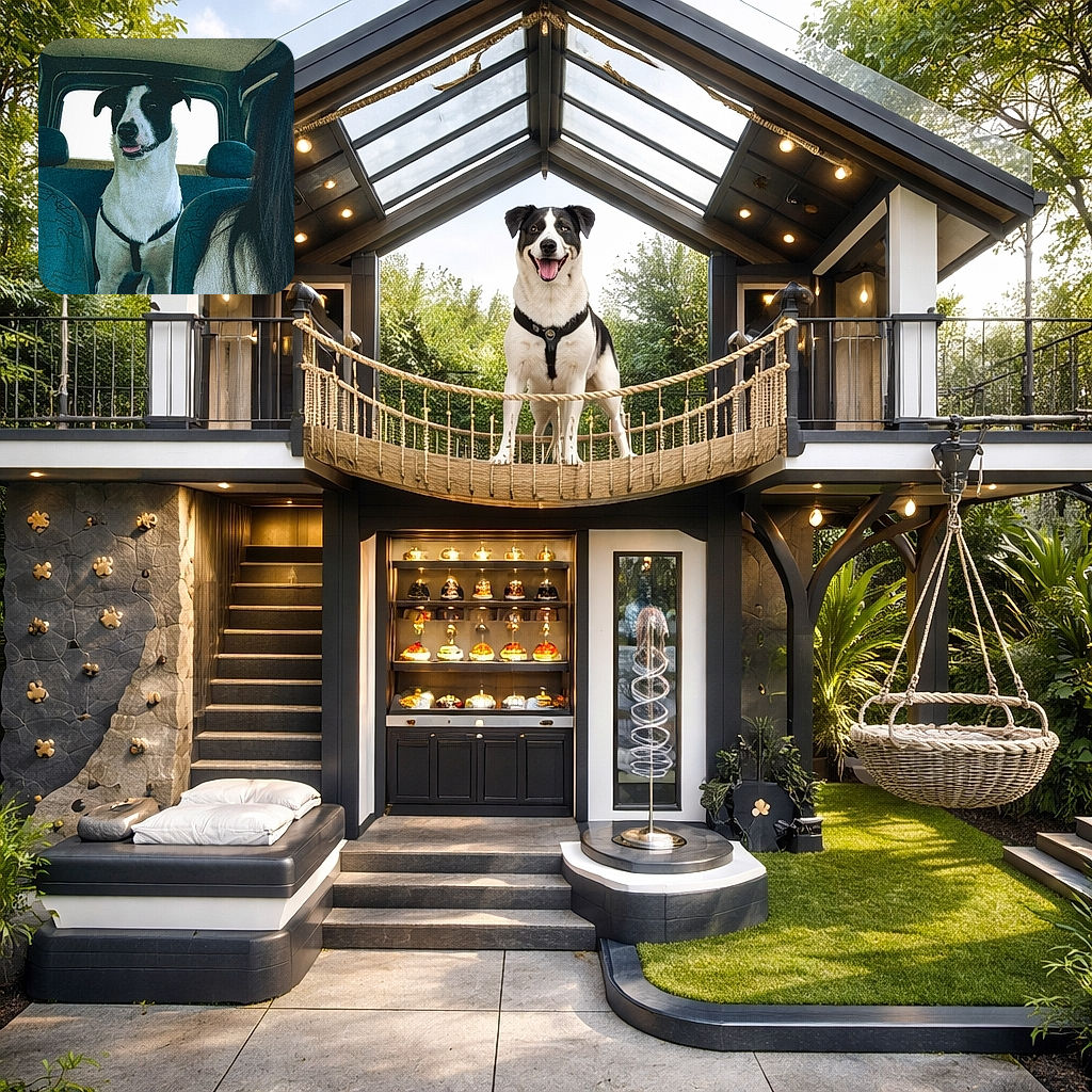 A cheerful black-and-white dog stands in the back of a car like it's the designated co-pilot: tongue slightly out, harness on, ears perked, and eyes scanning the horizon through the window while a human with long hair sits partially in frame. The interior upholstery and headrests frame the pooch, giving serious road-trip vibes and approximately zero concern about backseat snacks.