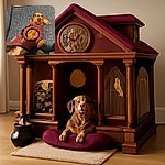 A charming dachshund puppy wearing a cozy maroon jacket lounges on a blue patterned couch, looking up with wide, curious eyes and floppy ears, while a festive pillow sits in the background.