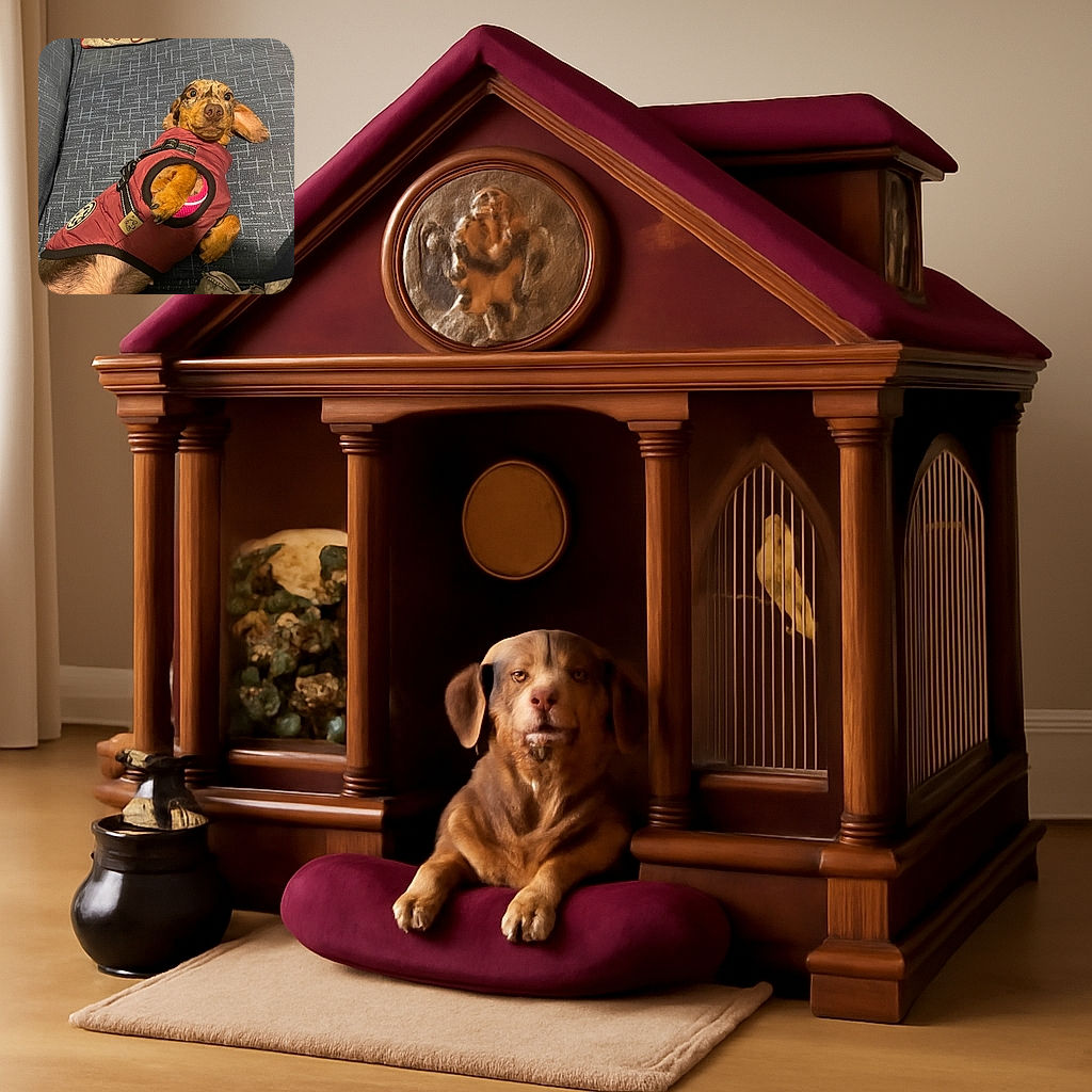 A charming dachshund puppy wearing a cozy maroon jacket lounges on a blue patterned couch, looking up with wide, curious eyes and floppy ears, while a festive pillow sits in the background.