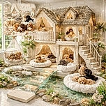A delightful gathering of fluffy puppies in a cozy, pastel nursery setting, surrounded by soft toys and vintage decor, playing and cuddling like the cutest little mischief-makers.