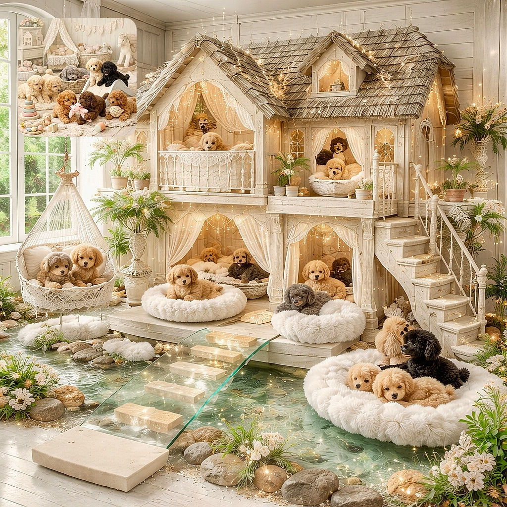 A delightful gathering of fluffy puppies in a cozy, pastel nursery setting, surrounded by soft toys and vintage decor, playing and cuddling like the cutest little mischief-makers.