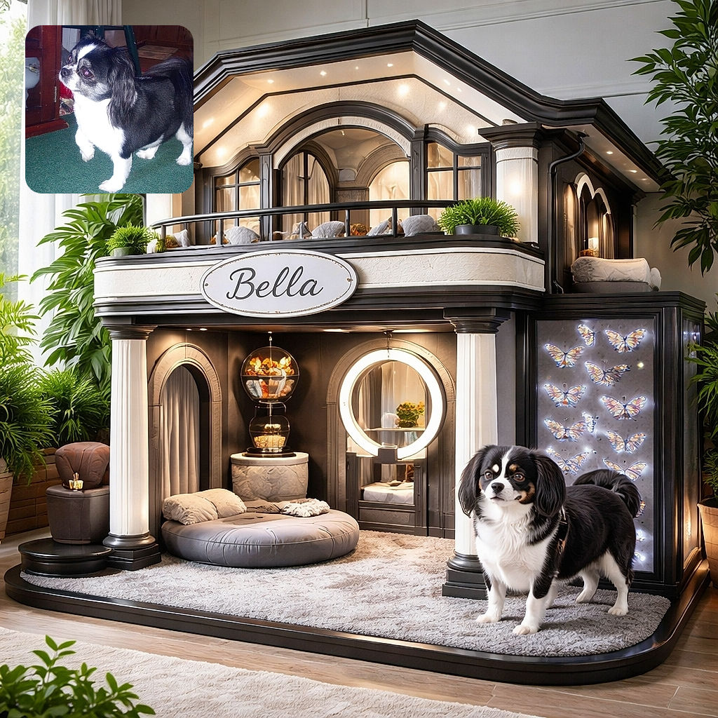 A small black-and-white dog strikes a noble pose with one paw lifted and ears flopping, flash making its eyes glow and the background a cluttered, cozy living-room scene.