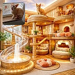 A surprised orange tabby mid-meow perched on a worn windowsill, mouth wide as if singing opera. The window screen and messy yard form a textured backdrop, a blurred tail flicks, and a curtain peeks in at the edge — pure cat drama captured in a candid moment.