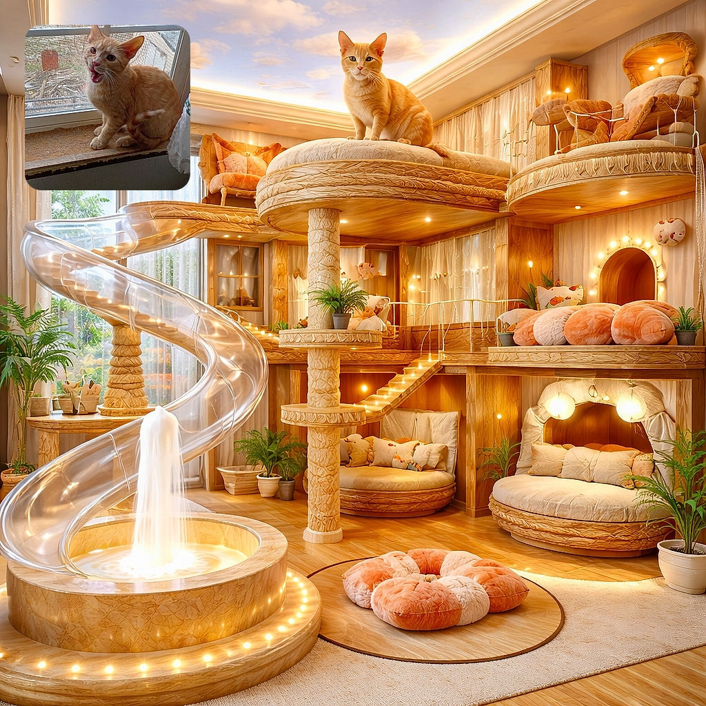 A surprised orange tabby mid-meow perched on a worn windowsill, mouth wide as if singing opera. The window screen and messy yard form a textured backdrop, a blurred tail flicks, and a curtain peeks in at the edge — pure cat drama captured in a candid moment.