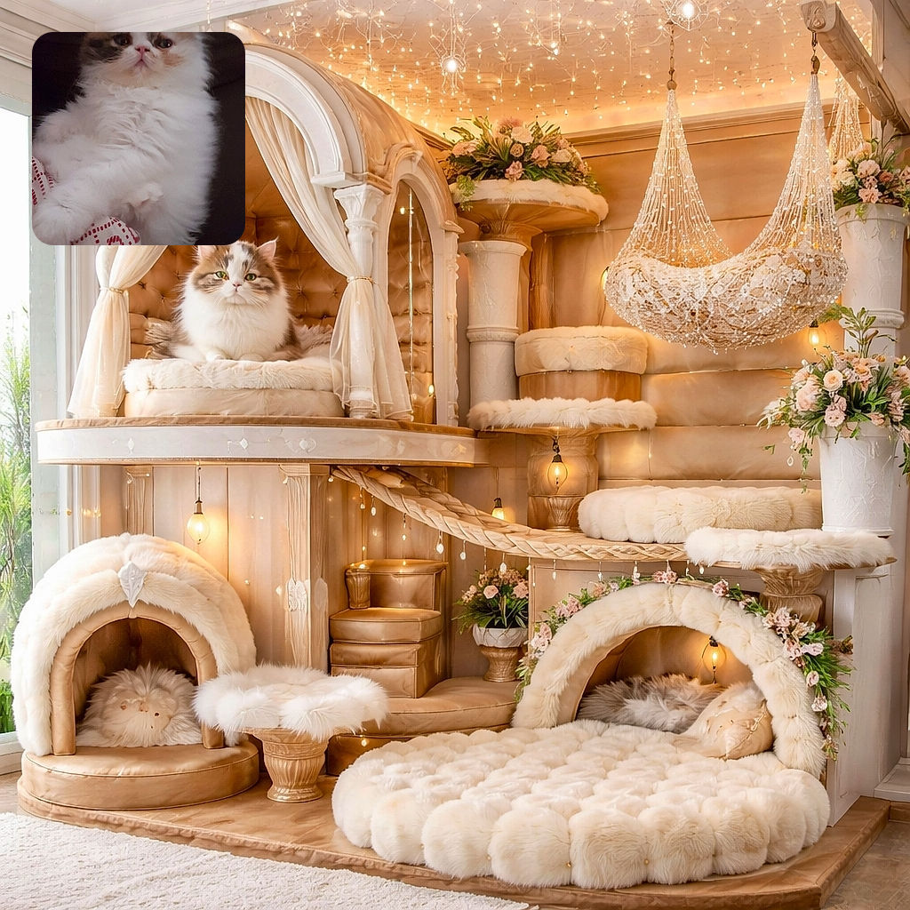 A fluffy, slightly grumpy-looking calico kitten lounges on a patterned cushion, flaunting a majestic mane of fur and an expression that screams 'I own this couch.'