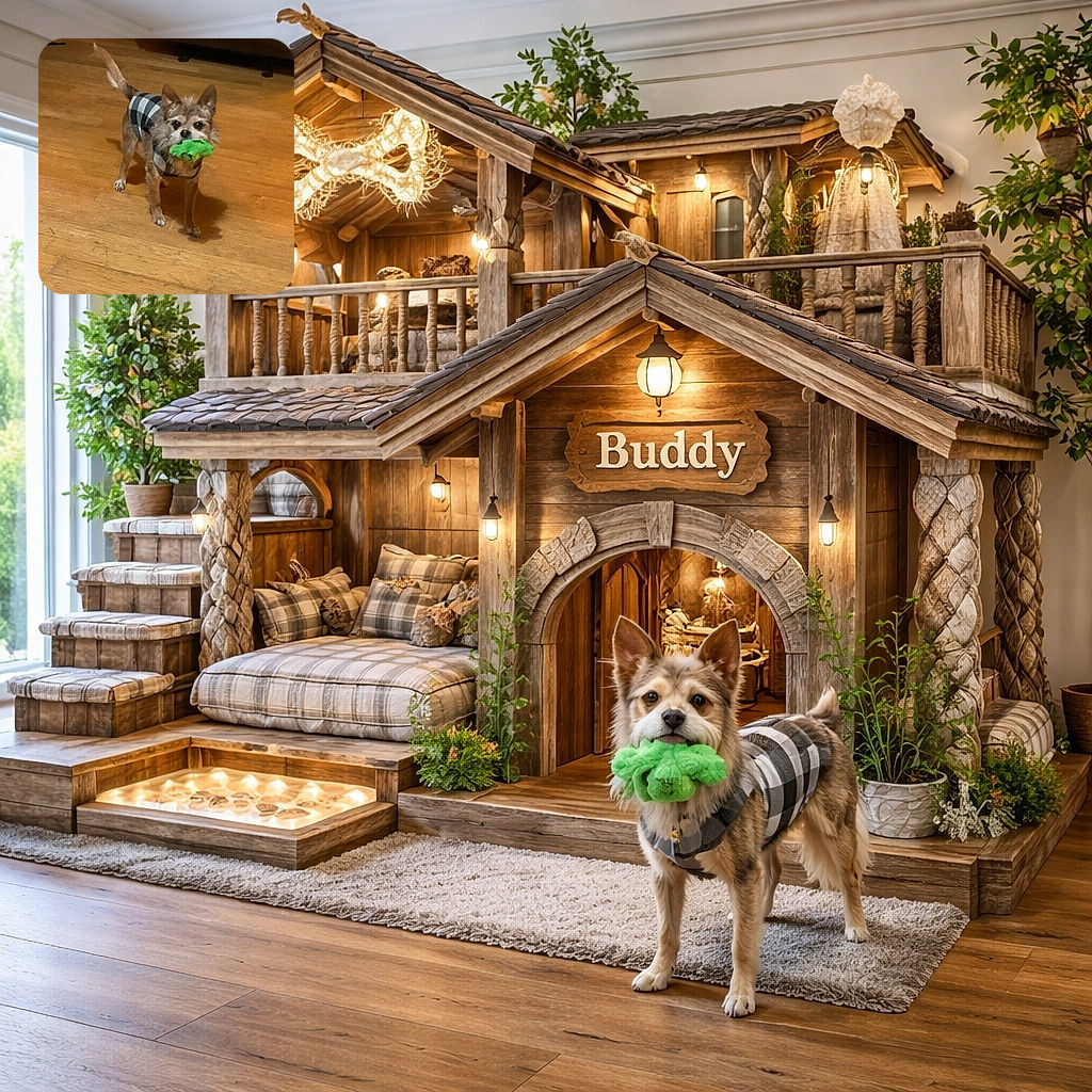 A tiny dog in a checkered sweater proudly parades a bright green plush toy like it's won the championship — standing on a scuffed hardwood floor and giving an earnest stare that clearly says 'throw it again.'