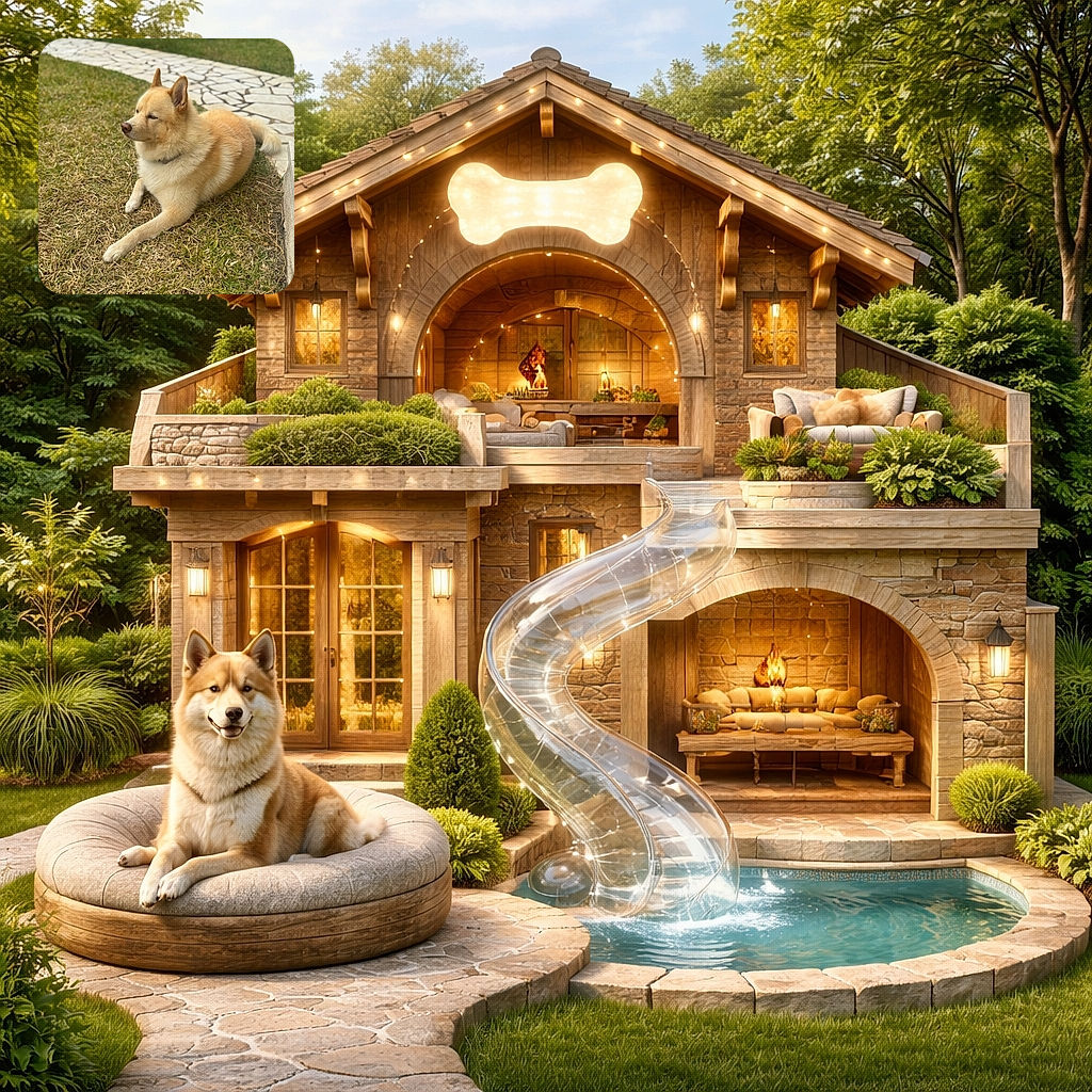 A fluffy light brown dog lounges on a patch of grass next to a stone pathway, looking serenely into the distance with a slightly squinted eye, as if pondering the mysteries of the universe or just enjoying the warm sun.