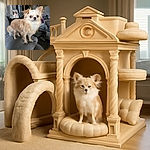 A fluffy light brown and white long-haired dog stands confidently on a gray couch cushion, with a cozy living room background featuring a lamp, framed photo, and scattered household items.