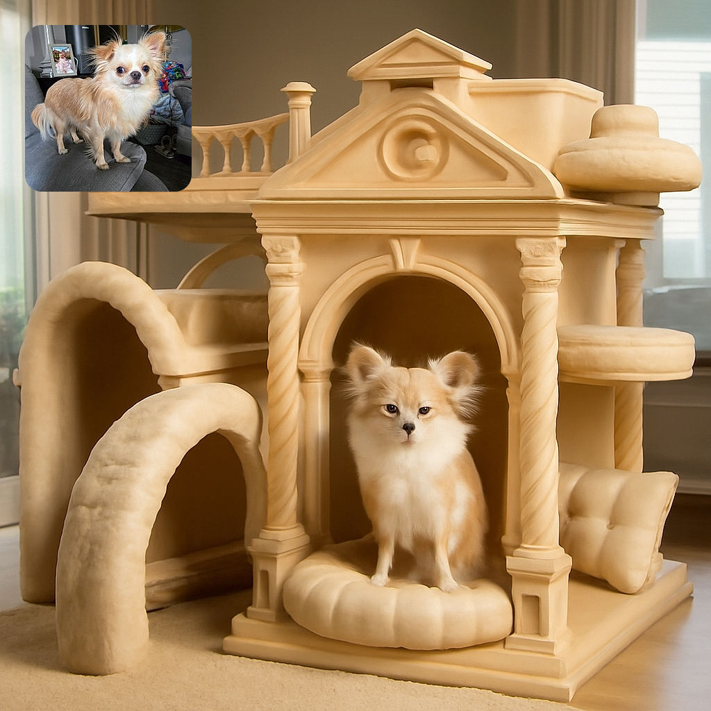 A fluffy light brown and white long-haired dog stands confidently on a gray couch cushion, with a cozy living room background featuring a lamp, framed photo, and scattered household items.