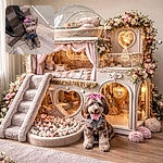 A fluffy brown pup in a tiny denim jacket and a bright pink bow sits at the base of carpeted stairs, leash attached and a person’s legs visible nearby — giving an adorably skeptical side-eye like it’s negotiating walk terms.