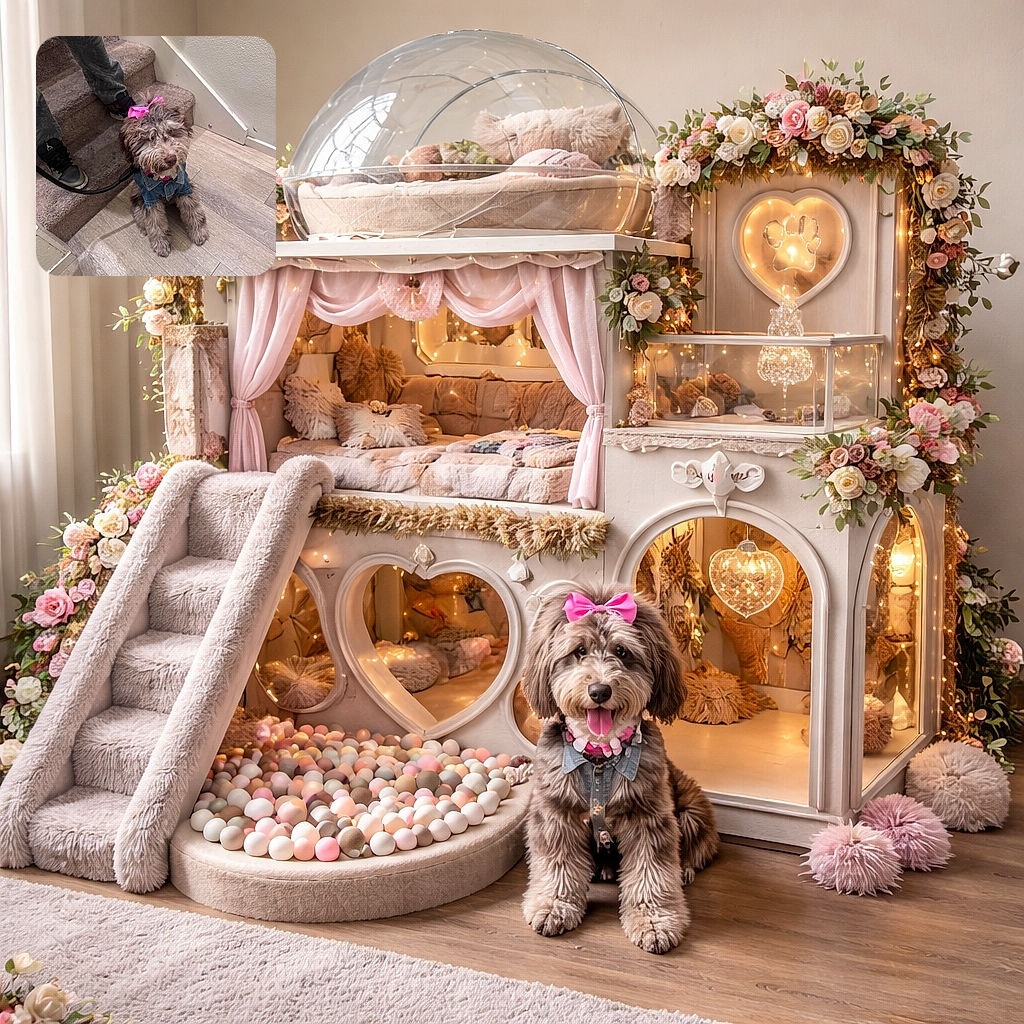 A fluffy brown pup in a tiny denim jacket and a bright pink bow sits at the base of carpeted stairs, leash attached and a person’s legs visible nearby — giving an adorably skeptical side-eye like it’s negotiating walk terms.