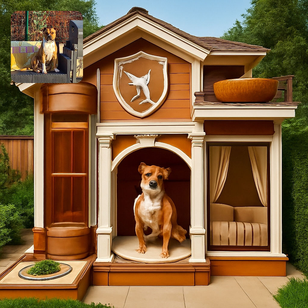 A dignified brown and white dog sits calmly on a woven outdoor bench with a colorful towel draped behind it, basking in the warm sunlight with a background of a green wire fence and earthy soil.