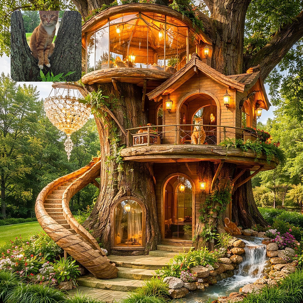 An orange tabby perched like a tiny, serious monarch in the crook of a tree, staring straight at the camera with regal whiskers — phone UI thumbnails and icons make it look like the cat is posing for its own app.