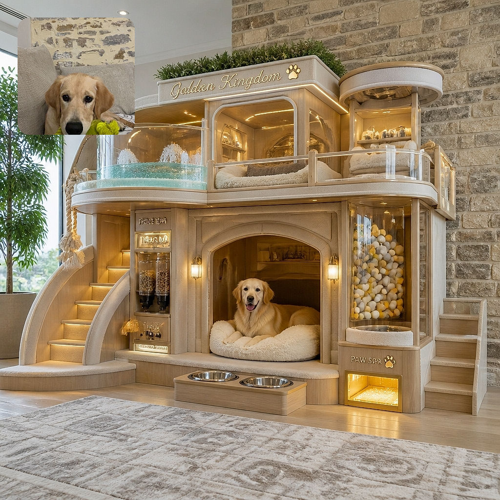 A golden puppy sits proudly on a cozy sofa, hugging a neon-green rope toy like it just won the championship belt for tug-of-war. Its soulful eyes say, “I can share… but only after one more chew.”