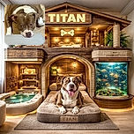 A brown and white dog with soulful eyes lies on a wooden floor resting its head on a soft gray cushion, looking up with a mix of curiosity and longing.