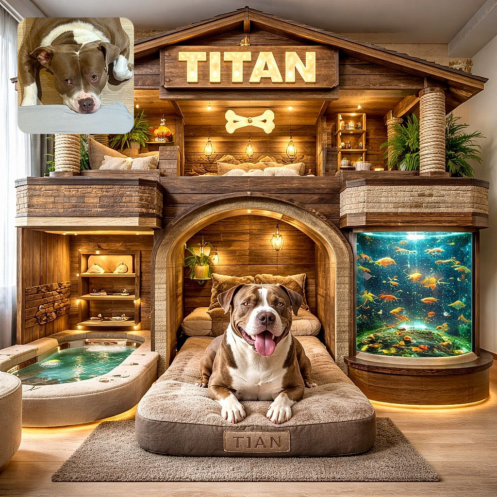 A brown and white dog with soulful eyes lies on a wooden floor resting its head on a soft gray cushion, looking up with a mix of curiosity and longing.