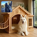 A fluffy white dog, possibly a Swiss Shepherd, is front and center with a curious and friendly expression. The background shows a serene outdoor setting with a pool, wooden deck, and green trees under a clear blue sky, creating a peaceful and natural vibe.