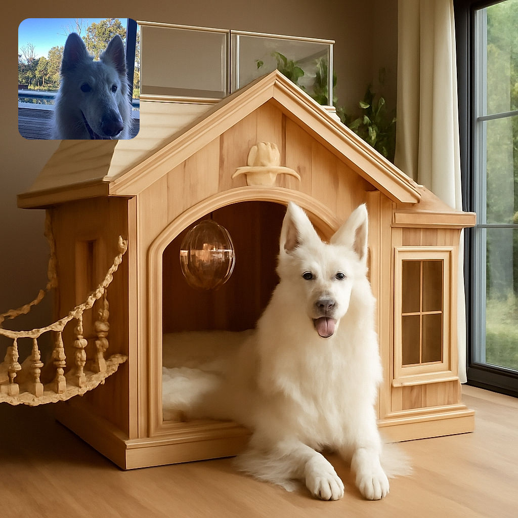 A fluffy white dog, possibly a Swiss Shepherd, is front and center with a curious and friendly expression. The background shows a serene outdoor setting with a pool, wooden deck, and green trees under a clear blue sky, creating a peaceful and natural vibe.