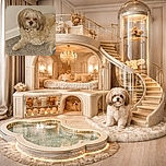 A fluffy, cream-colored dog lounges comfortably on a gray carpet next to a white wall, gazing directly at the camera with a calm and slightly curious expression.