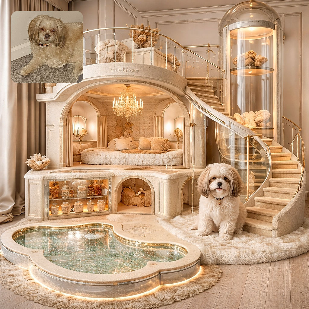 A fluffy, cream-colored dog lounges comfortably on a gray carpet next to a white wall, gazing directly at the camera with a calm and slightly curious expression.