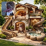 A goofy dog with a huge tongue hanging out looks like it's caught mid-laugh on a sunny sidewalk, with the name 'Bonnie' scribbled in bright red above, adding a playful splash of personality.