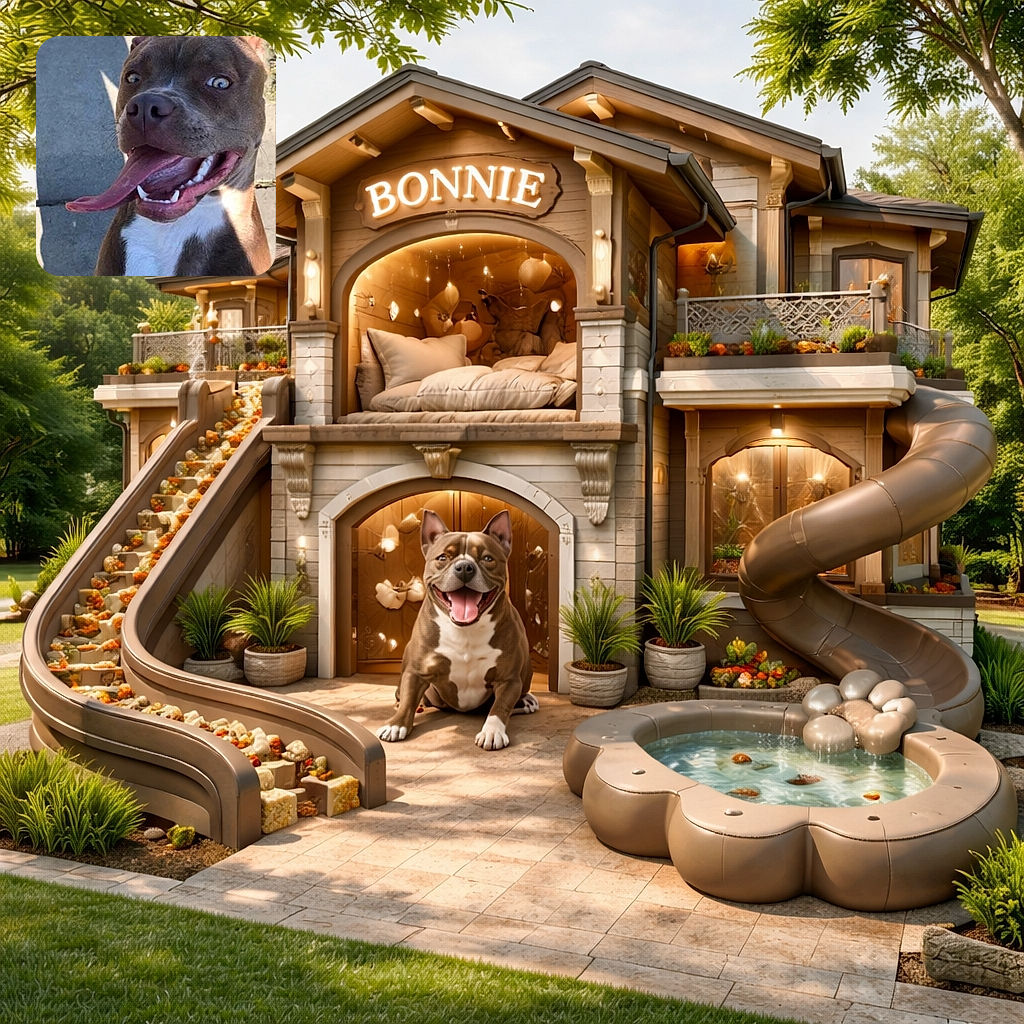 A goofy dog with a huge tongue hanging out looks like it's caught mid-laugh on a sunny sidewalk, with the name 'Bonnie' scribbled in bright red above, adding a playful splash of personality.