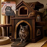 A fluffy tabby cat sits indoors on a patterned rug, staring with a mildly unimpressed expression, surrounded by homey furniture and a large decorative pot in the background.