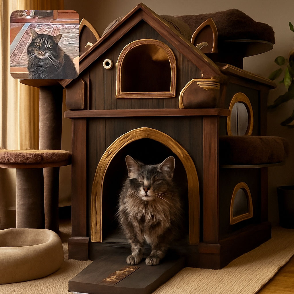 A fluffy tabby cat sits indoors on a patterned rug, staring with a mildly unimpressed expression, surrounded by homey furniture and a large decorative pot in the background.