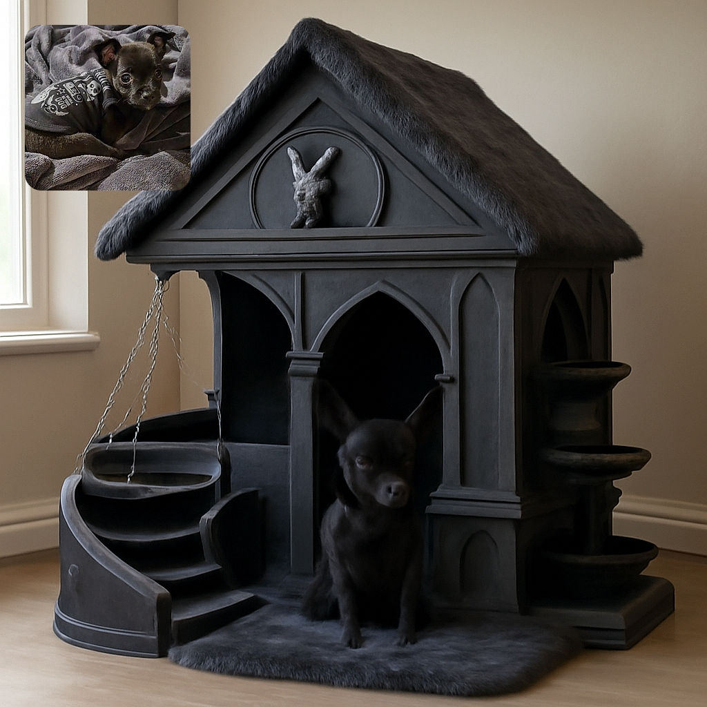 A tiny dog wrapped snugly in a cozy gray blanket, wearing a cute black shirt with skull and bone designs, looking up with big, shiny eyes full of curiosity and innocence.