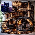 A fluffy black cat with striking yellow eyes sits attentively on a purple carpet near a white textured wall, looking curiously upward as if plotting its next mischievous adventure.