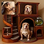 A cozy dog is sprawled out on a bed, looking up with a mix of curiosity and contentment, surrounded by soft pillows and blankets that scream comfort.